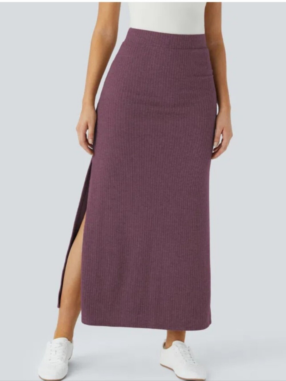 HALARA Ribbed Midi Skirt with Side Slit - Plum